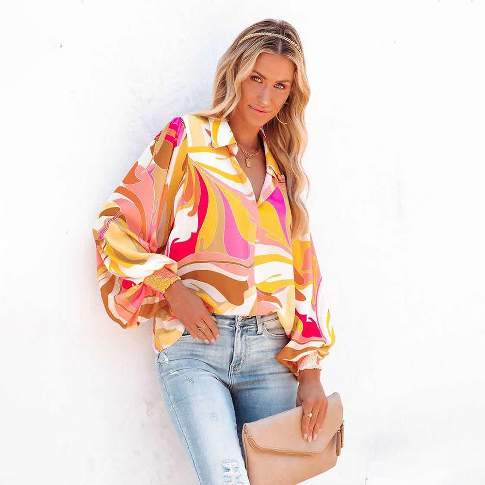 Autumn Winter Printed Lantern Sleeve Collared Cardigan Single Breasted Casual Shirt Women Top - Plush Fashion Hub