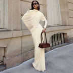 Elegant solid color long sleeve dress for women with round neckline and pleated skirt by Bella Mia, suitable for autumn and winter.