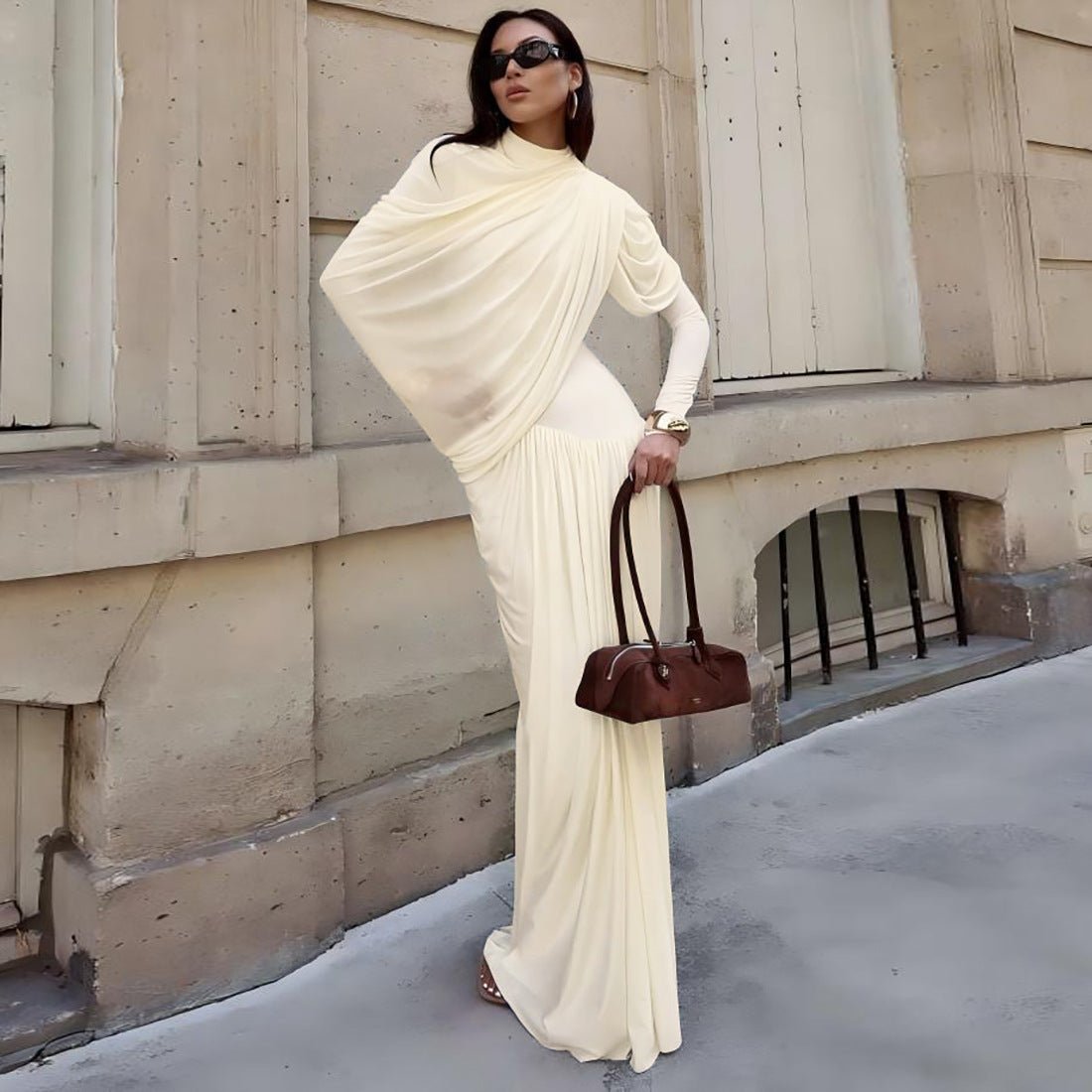 Elegant solid color long sleeve dress for women with round neckline and pleated skirt by Bella Mia, suitable for autumn and winter.