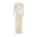 Elegant Bella Mia long sleeve pleated dress for women, solid color, round neckline, waist trimming, perfect for autumn winter wear.