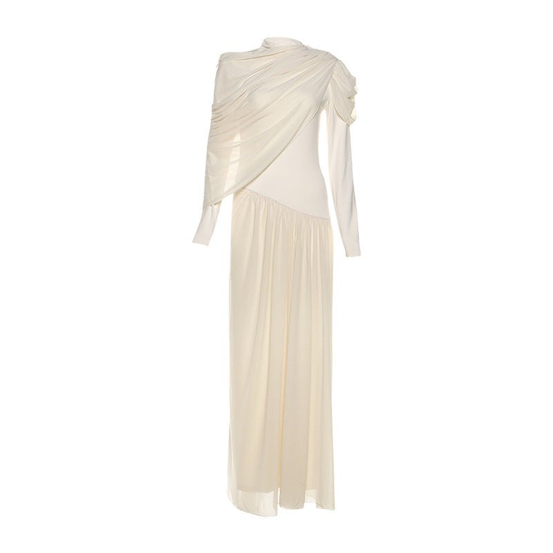 Elegant Bella Mia long sleeve pleated dress for women, solid color, round neckline, waist trimming, perfect for autumn winter wear.