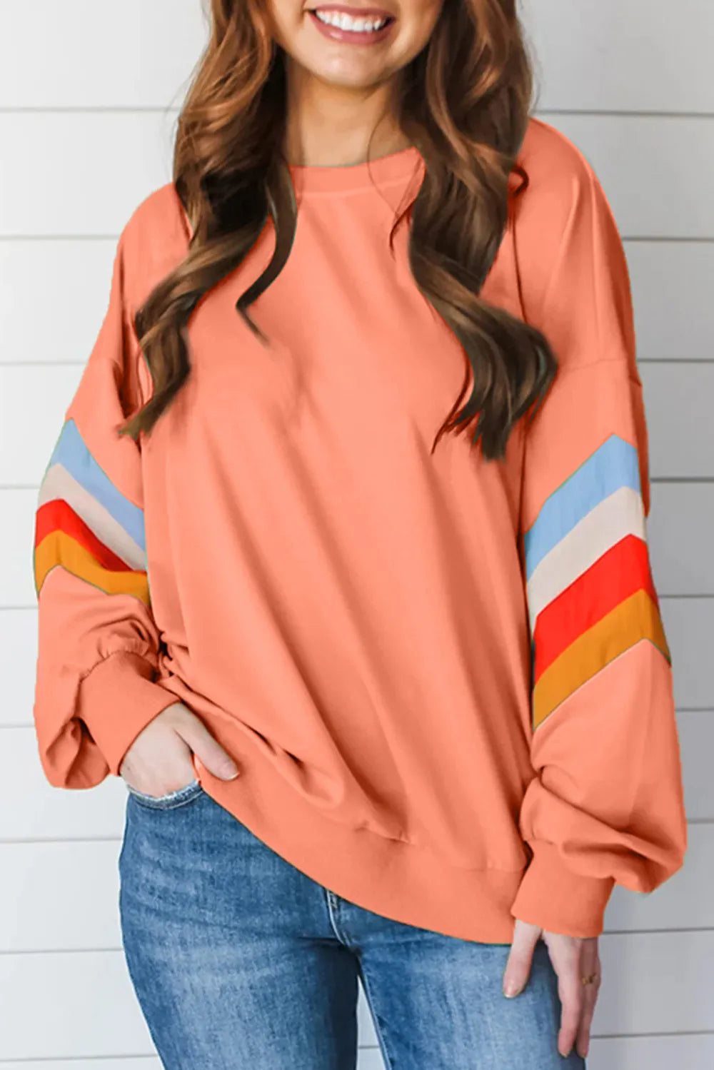 Contrast round neck long sleeve sweatshirt from Plush Fashion Hub, casual top with color-block design and comfortable fit.
