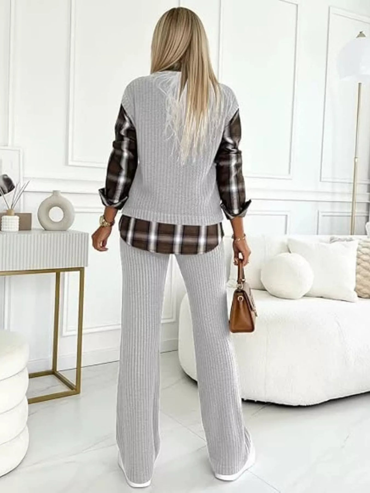 Ribbed knit plaid sleeve top and matching pants set by Trendsi, featuring a cozy, stylish design in a coordinated ensemble.