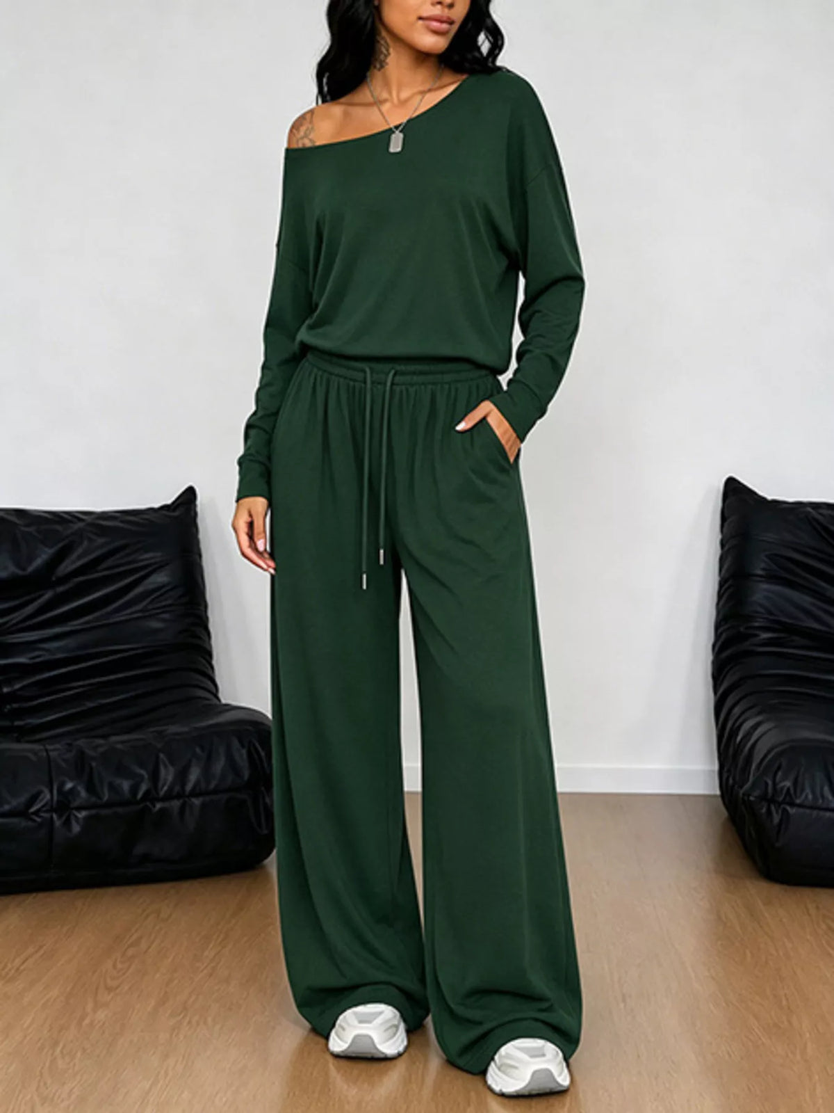 Plus size one-shoulder top and drawstring pants set from Trendsi, stylish matching outfit with relaxed fit and trendy design.