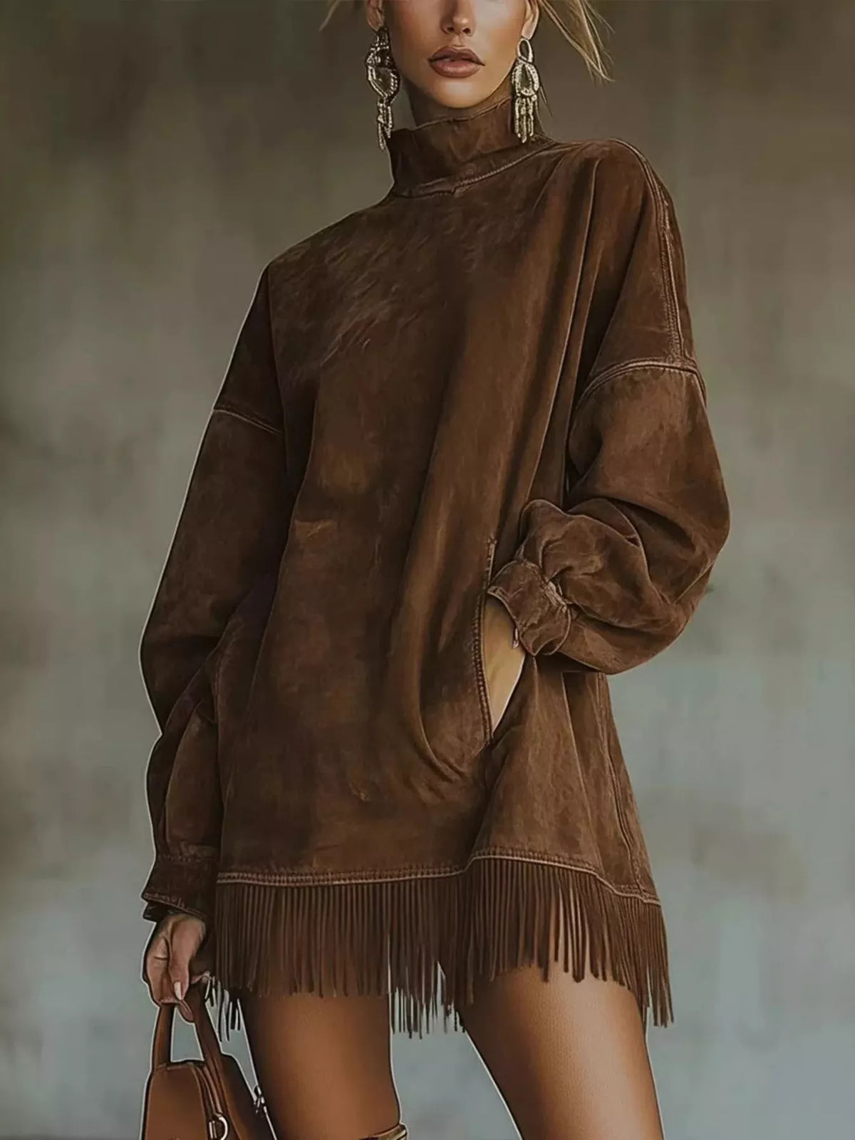 Plus size mock neck fringed hem long sleeve mini dress from Trendsi featuring a cozy sweater style with a flattering fit.