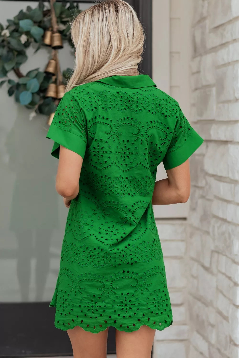 Plush Fashion Hub eyelet collared neck short sleeve dress with button details and a fit-and-flare silhouette, perfect for casual wear.