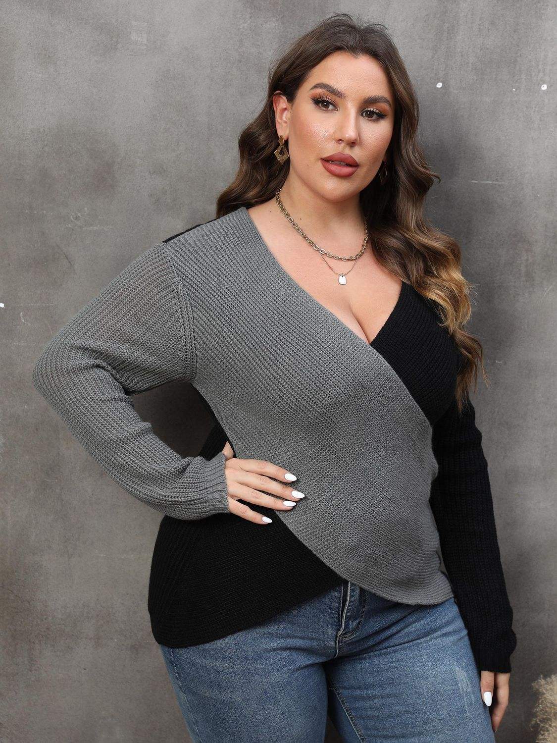 Plus Size Two-Tone Surplice Neck SweaterElevate your wardrobe with our Plus Size Two-Tone Surplice Neck Sweater! This sweater features a basic style with a touch of stretch for a comfortable fit. Made of 1SweaterTrendsiPlush Fashion Shop