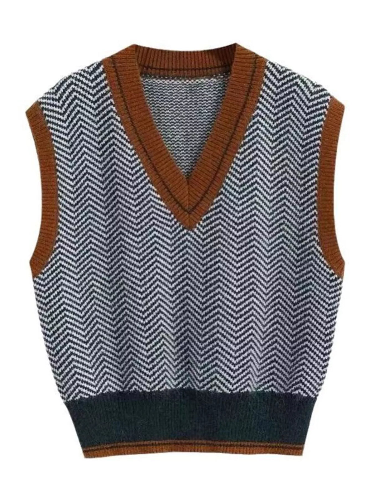 Chevron pattern V-neck knit sweater vest from Trendsi, featuring a stylish design and comfortable fit.