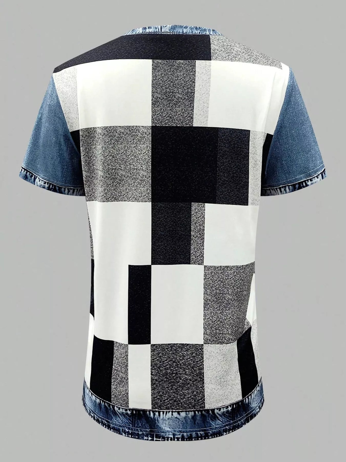 Denim patchwork short sleeve blouse by Plush Fashion Hub featuring a stylish, casual design with mixed denim patches.