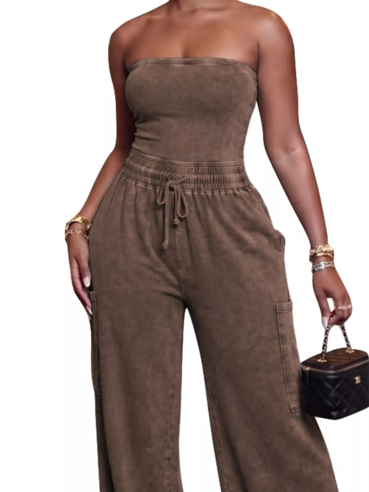 Strapless wide-leg jumpsuit with drawstring waist by Trendsi, featuring a sleek, modern design and lightweight fabric.
