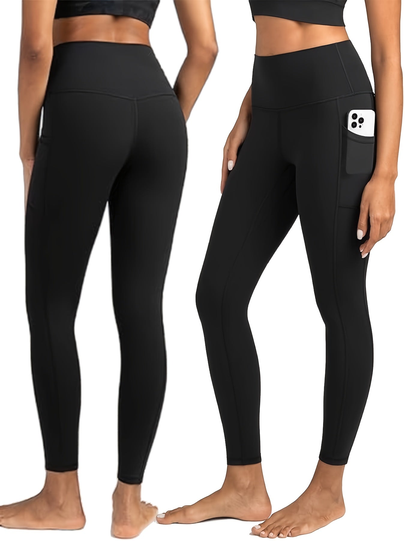 Women's Solid Color High Waist Cropped Yoga Pants with Pockets