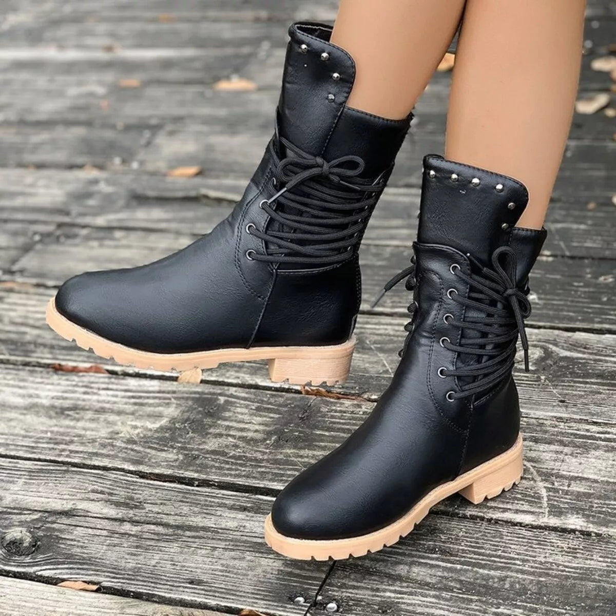 Trendsi lace-up block heel boots made of stylish footwear with chunky heels and ankle-length design.