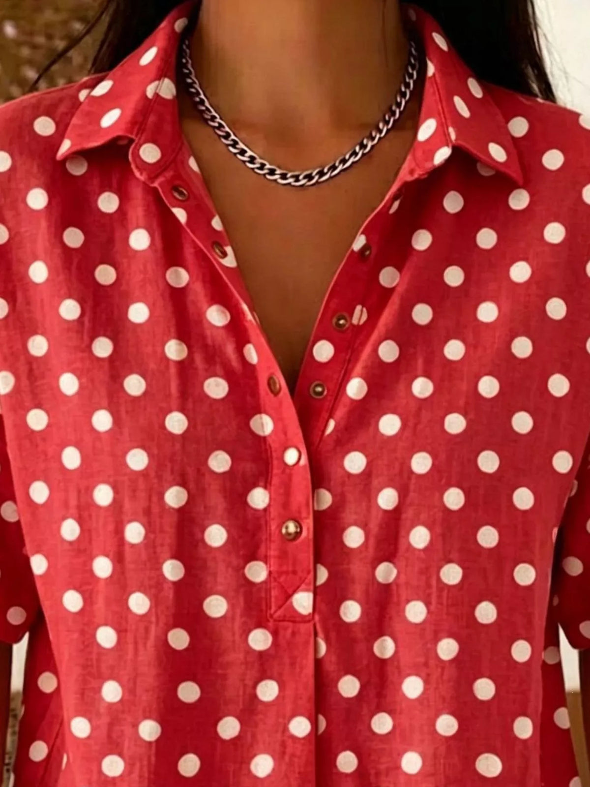 Plus size polka dot short sleeve shirt from Trendsi, casual tops with a full-size fit and classic dot pattern.