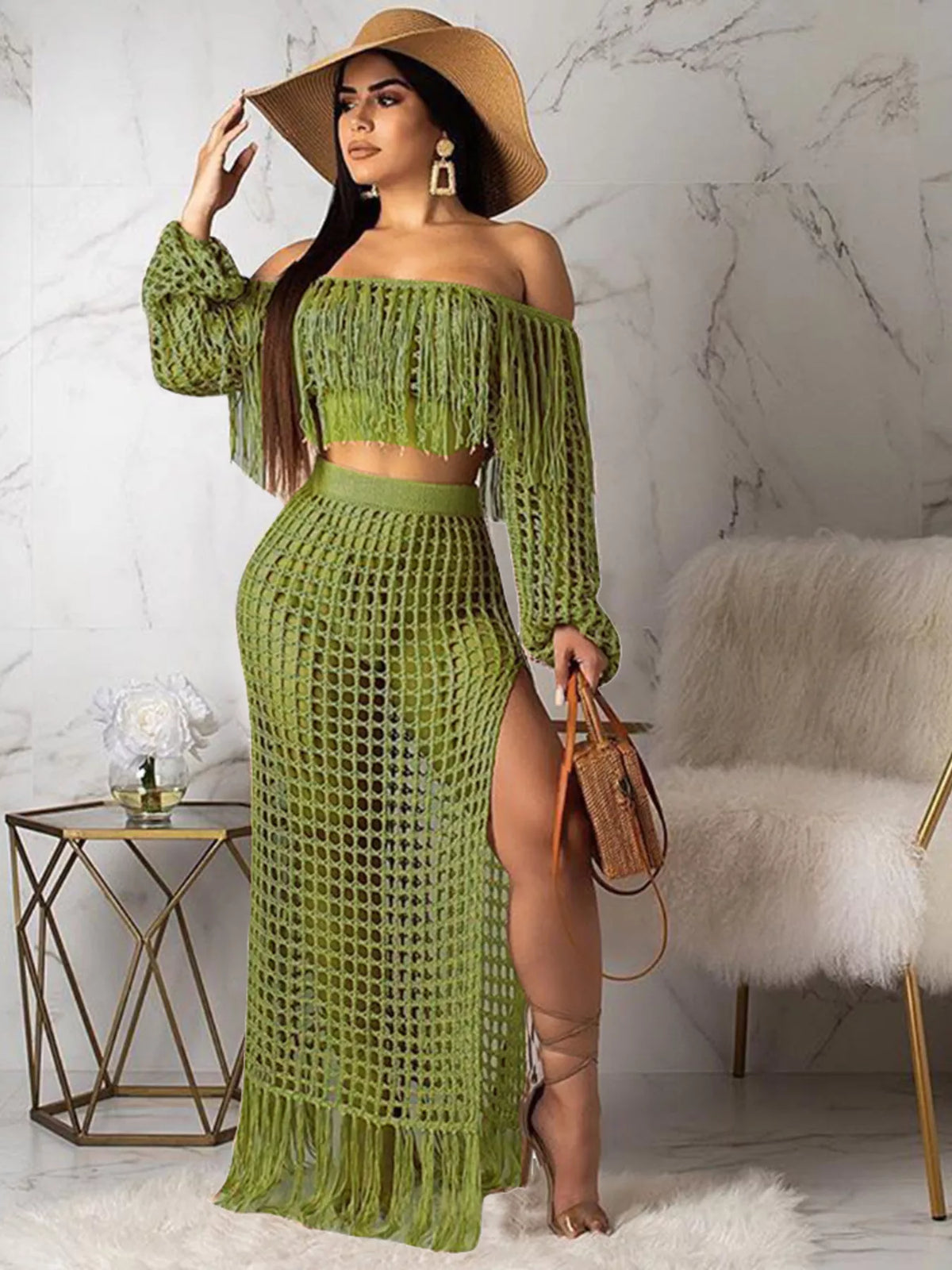 Plus size crochet off-shoulder fringe top and matching skirt set from Plush Fashion Hub, featuring a stylish, boho-inspired design.