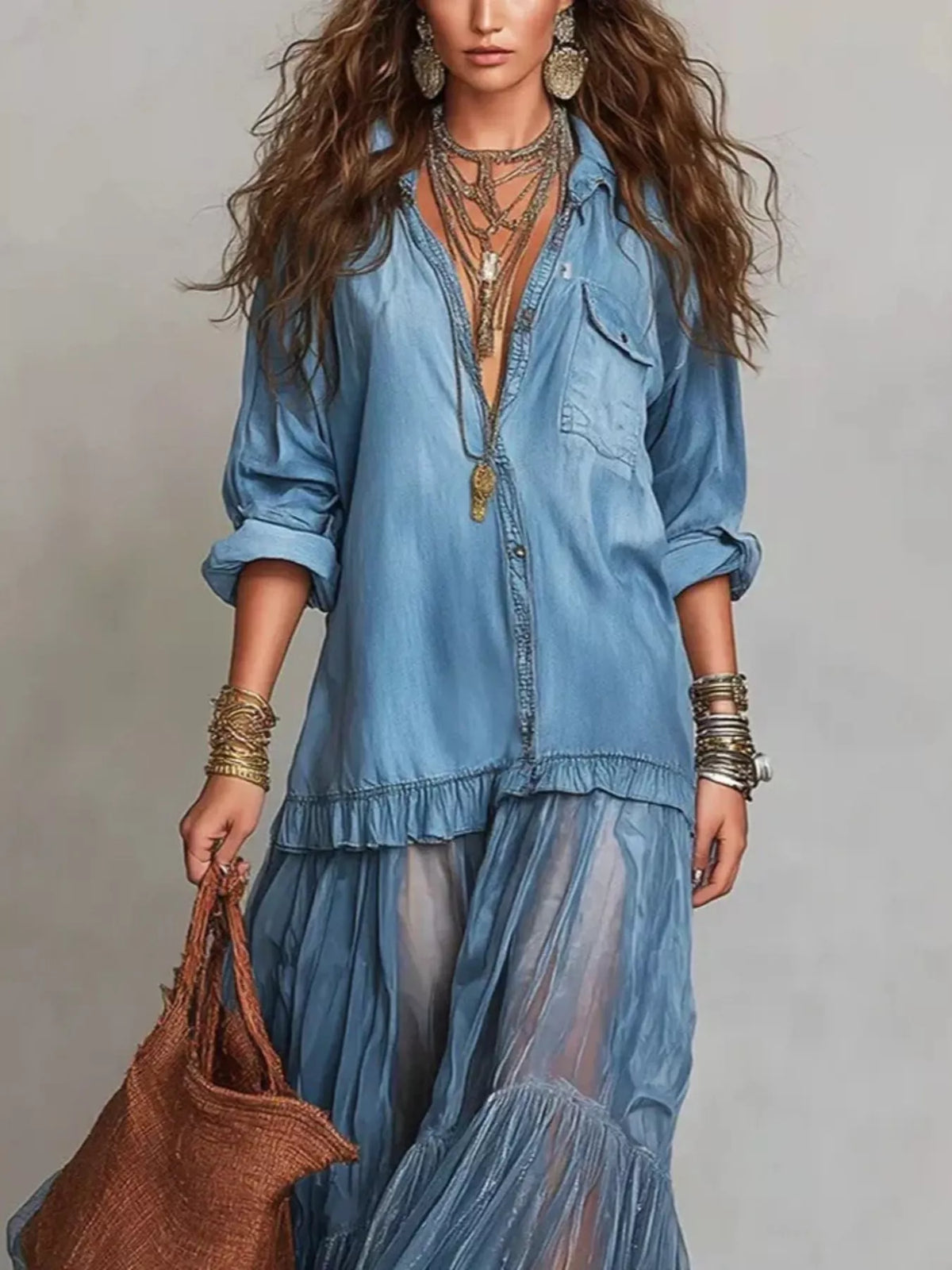 Long sleeve sheer ruffle maxi dress by Plush Fashion Hub featuring flowing fabric and elegant ruffle details.