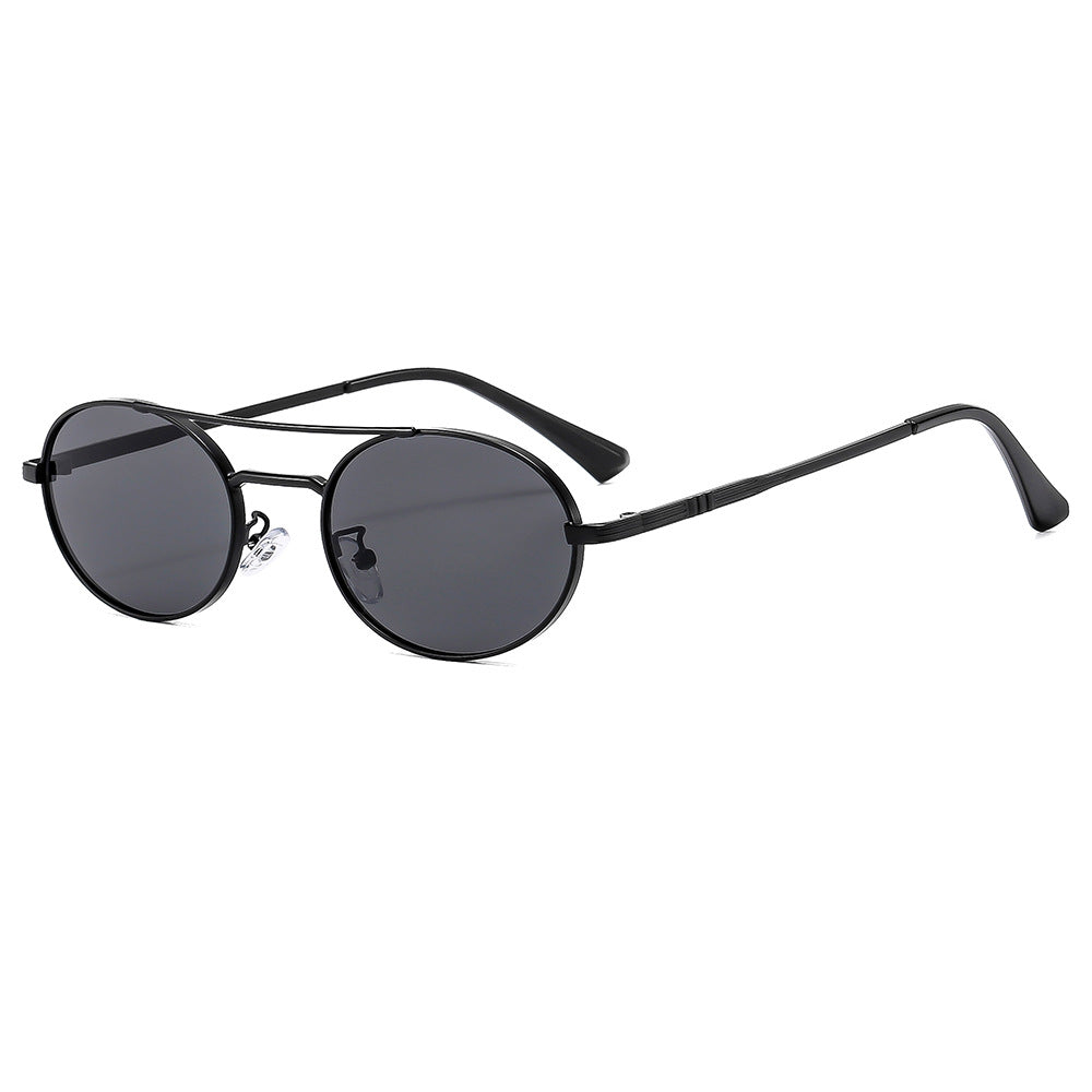 Retro oval metal sunglasses with dual-beam design, UV protection, stylish eyewear by Plush Fashion Hub.