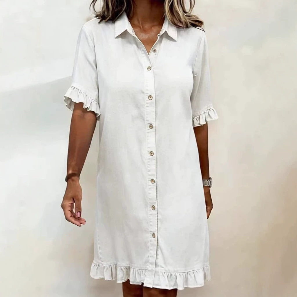 Women's faux denim ruffle-sleeve shirt dress by FitiqueFit, casualwear with stylish ruffle sleeves and button-front design.