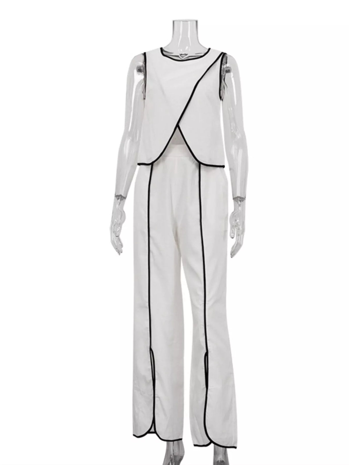 Contrast trim sleeveless top and wide-leg pants set by Plush Fashion Hub, stylish two-piece outfit with modern design.