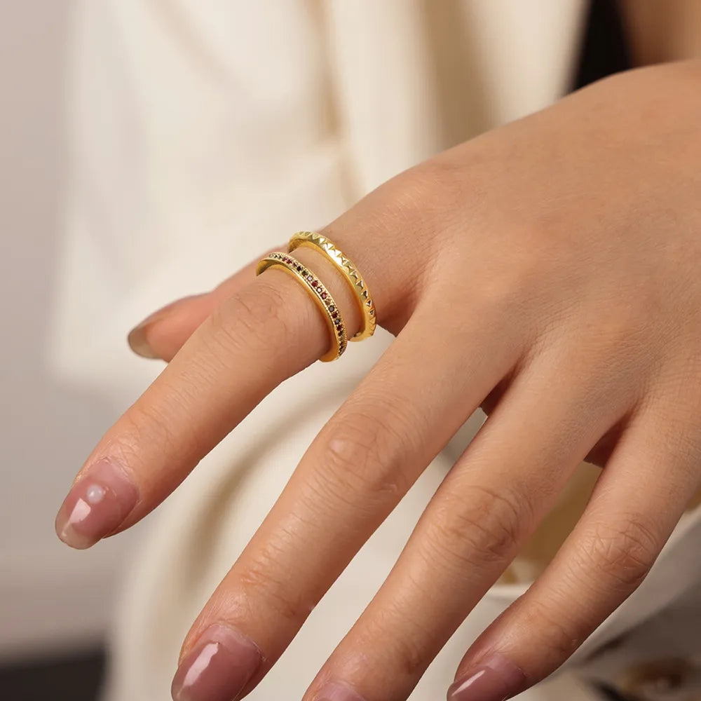 Gold-plated Czech diamond double-layered ring with intricate design, showcasing sparkling gemstones and layered band style.