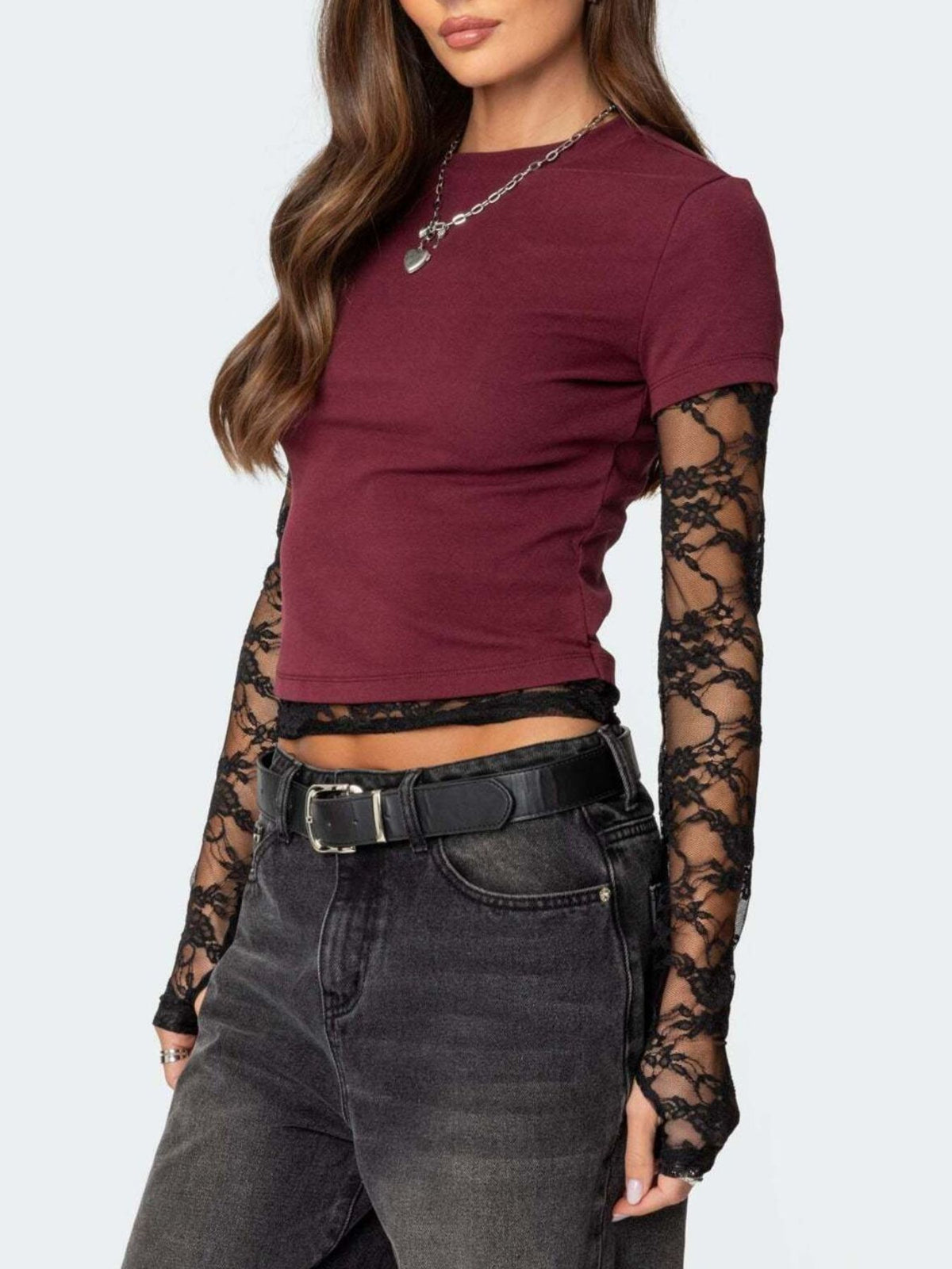 Women's fitted casual lace sleeve T-shirt by Plush Fashion Hub featuring a stylish, comfortable design with lace accents