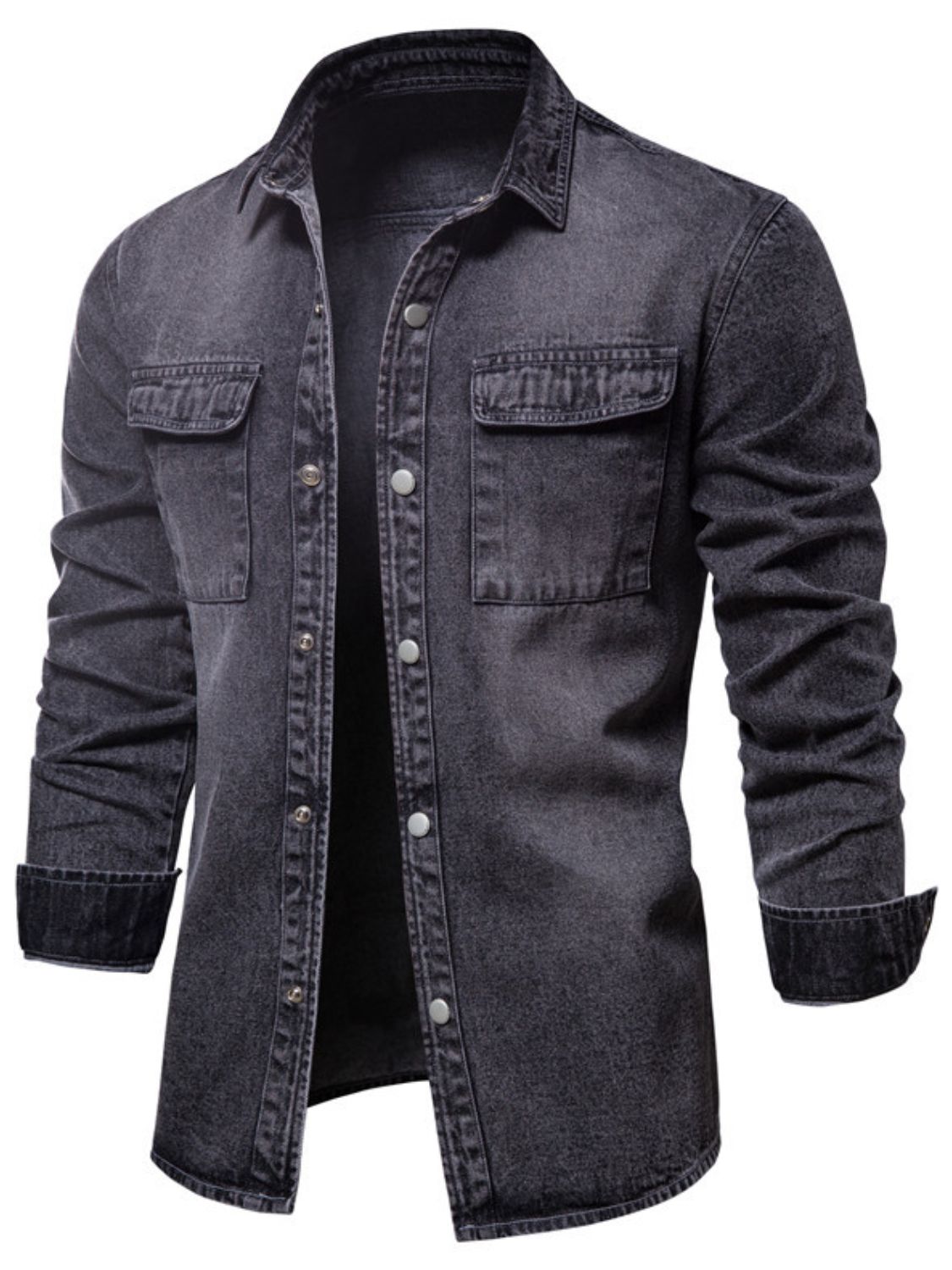 Men's denim button-down jacket with chest pocket from Plush Fashion Hub, showcasing classic blue denim fabric and stylish design.