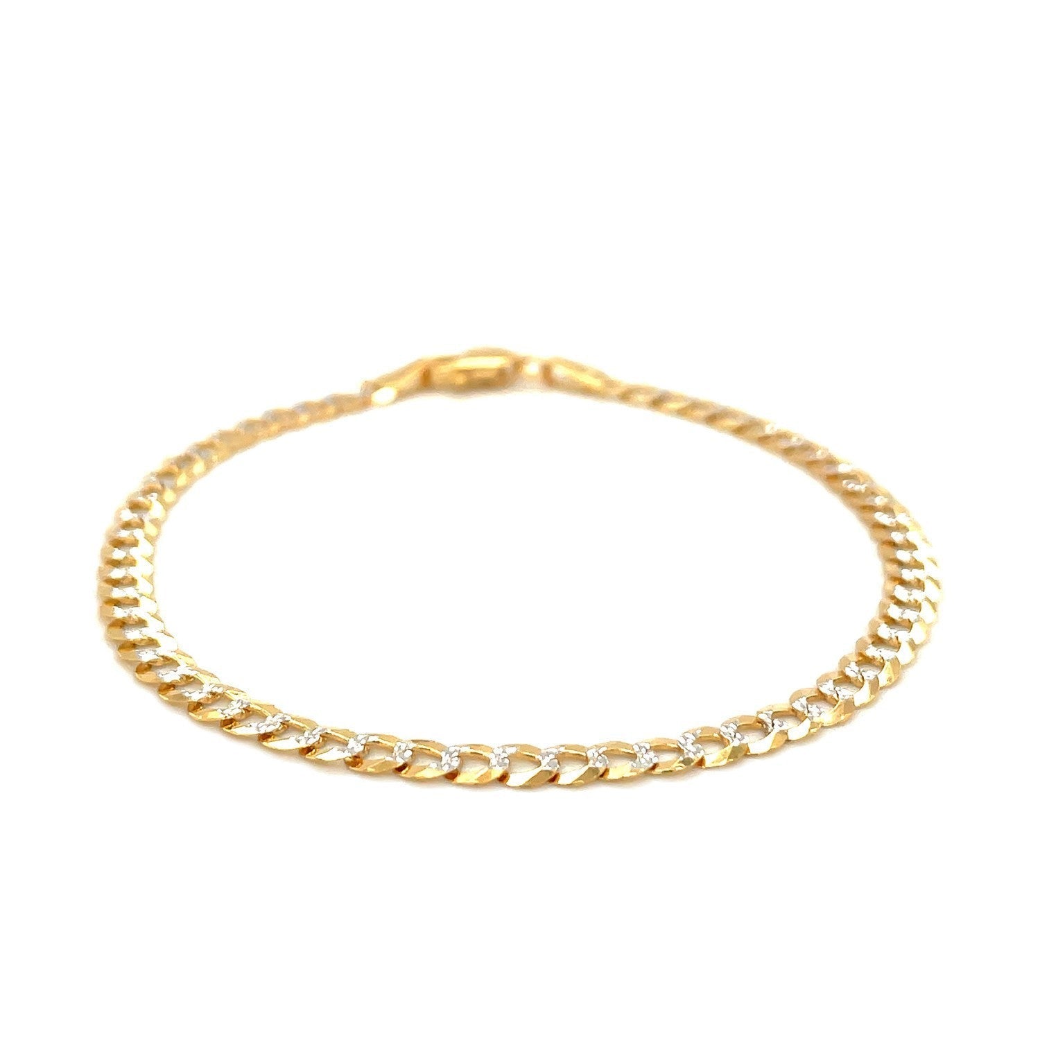 14k two-tone gold pave curb bracelet with 3.6mm links, showcasing intricate craftsmanship and elegant jewelry design.