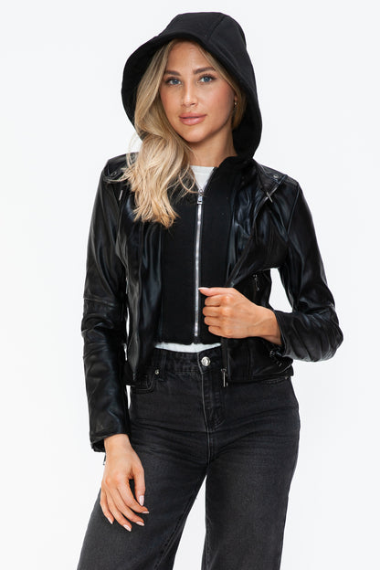 Snobbish  Leather Zip Up Drawstring Hooded Jacket