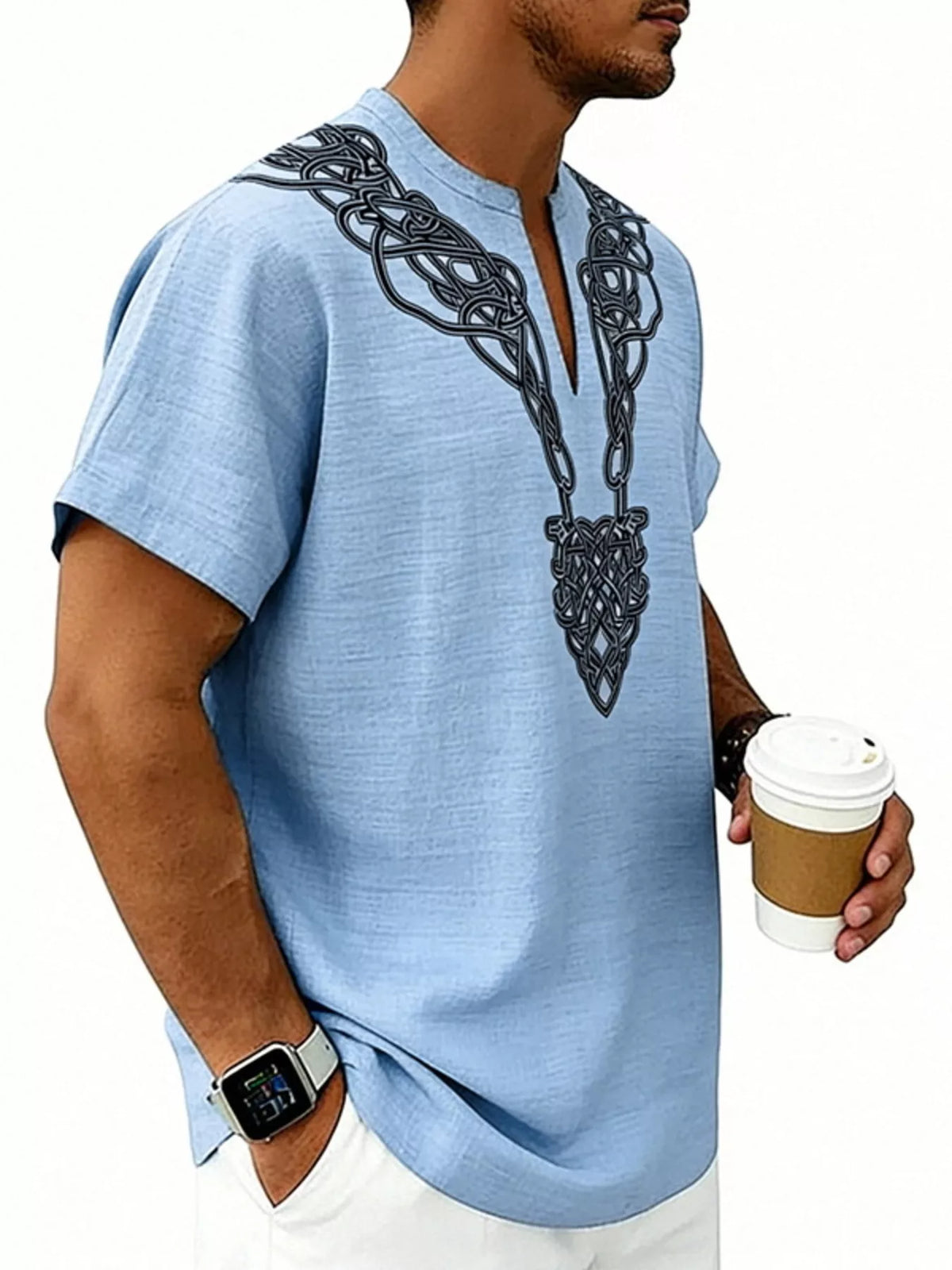 Men's plus size printed short sleeve blouse with notched collar by Plush Fashion Hub, featuring vibrant pattern and comfortable fit.