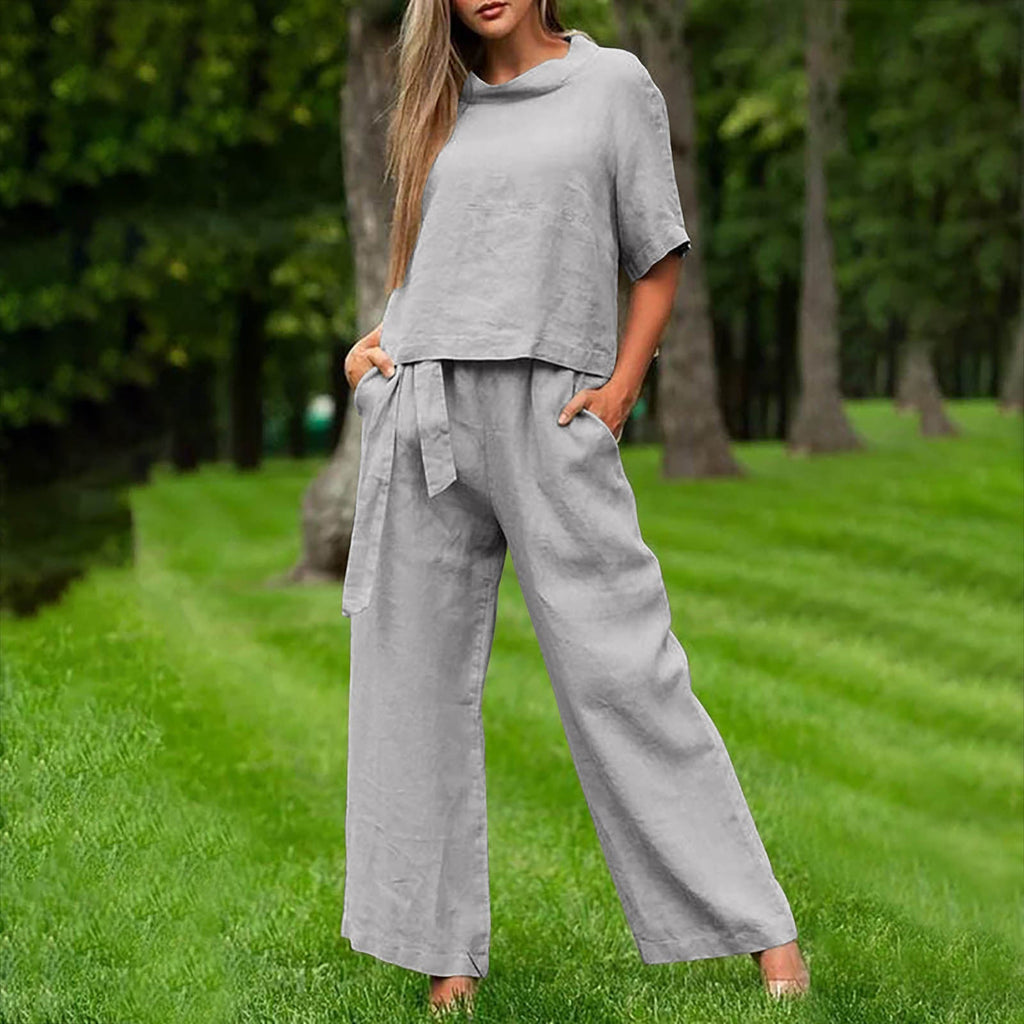 FitiqueFit casual two-piece set with round-neck 3/4 sleeve top and matching pants in various colors, available in sizes S to XXL.
