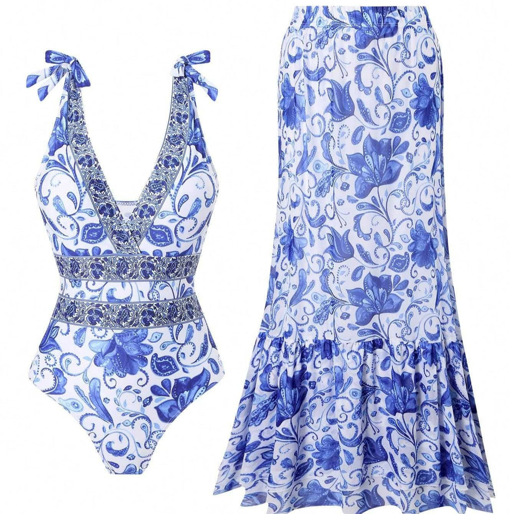 Ethnic style one-piece swimsuit for women featuring vibrant patterns, casual beachwear design by Plush Fashion Hub.