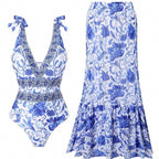 Ethnic style one-piece swimsuit for women featuring vibrant patterns, casual beachwear design by Plush Fashion Hub.