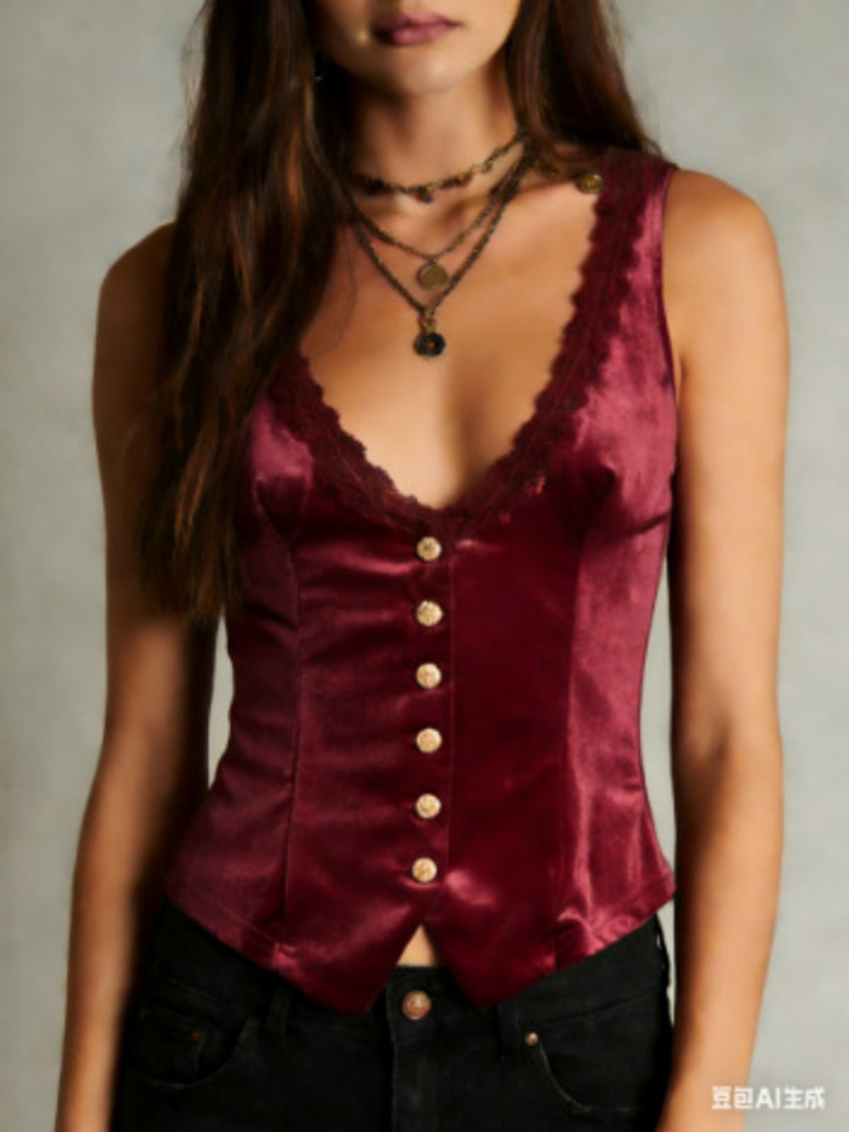 Velvet button-down vest with delicate lace trim, stylish top from Plush Fashion Hub, shown on a neutral background.