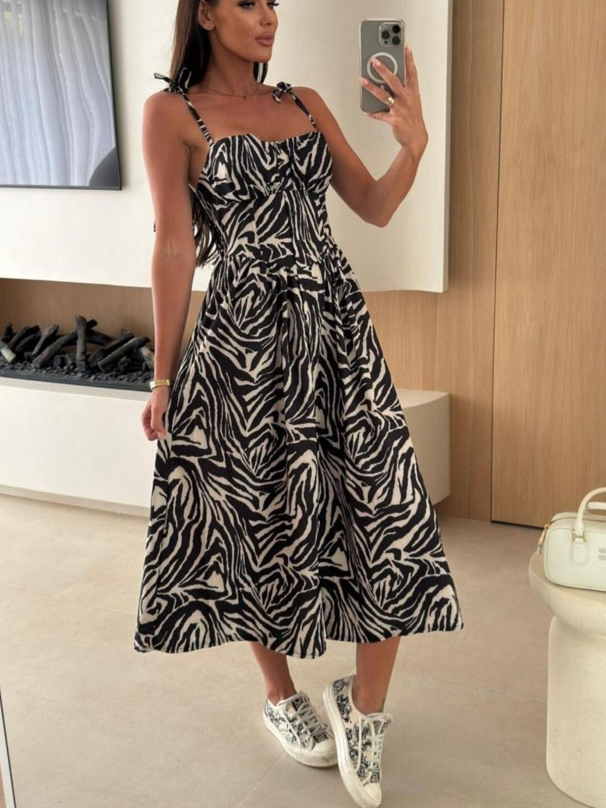 Women’s striped tie-shoulder midi dress by Plush Fashion Hub, casual summer dress with a relaxed fit and stylish design.