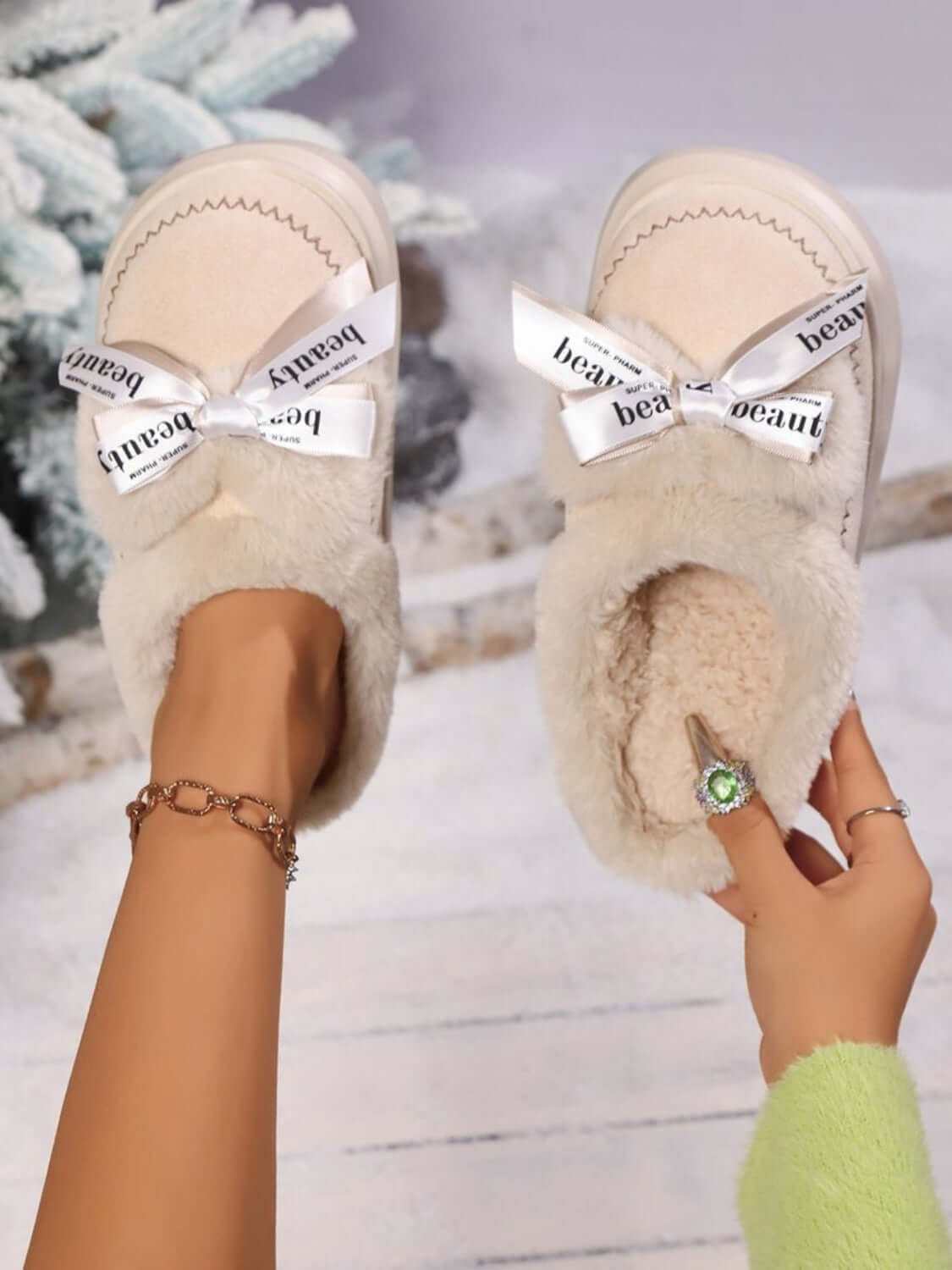 Bow Suede Platform Plush Slippers with stylish bow and plush lining