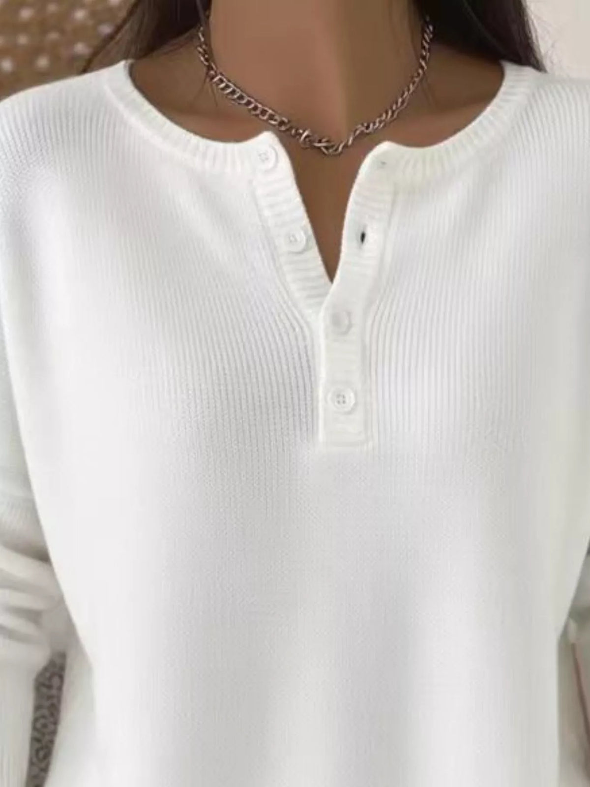 Plus size ribbed knit sweater with button details from Trendsi, featuring a cozy, full-size fit and stylish design.