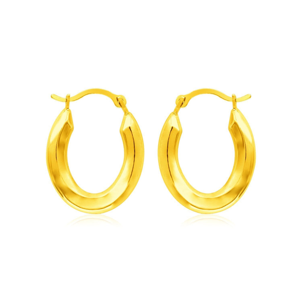14k yellow gold polished oval hoop earrings with smooth, shiny surface and classic hoop design.