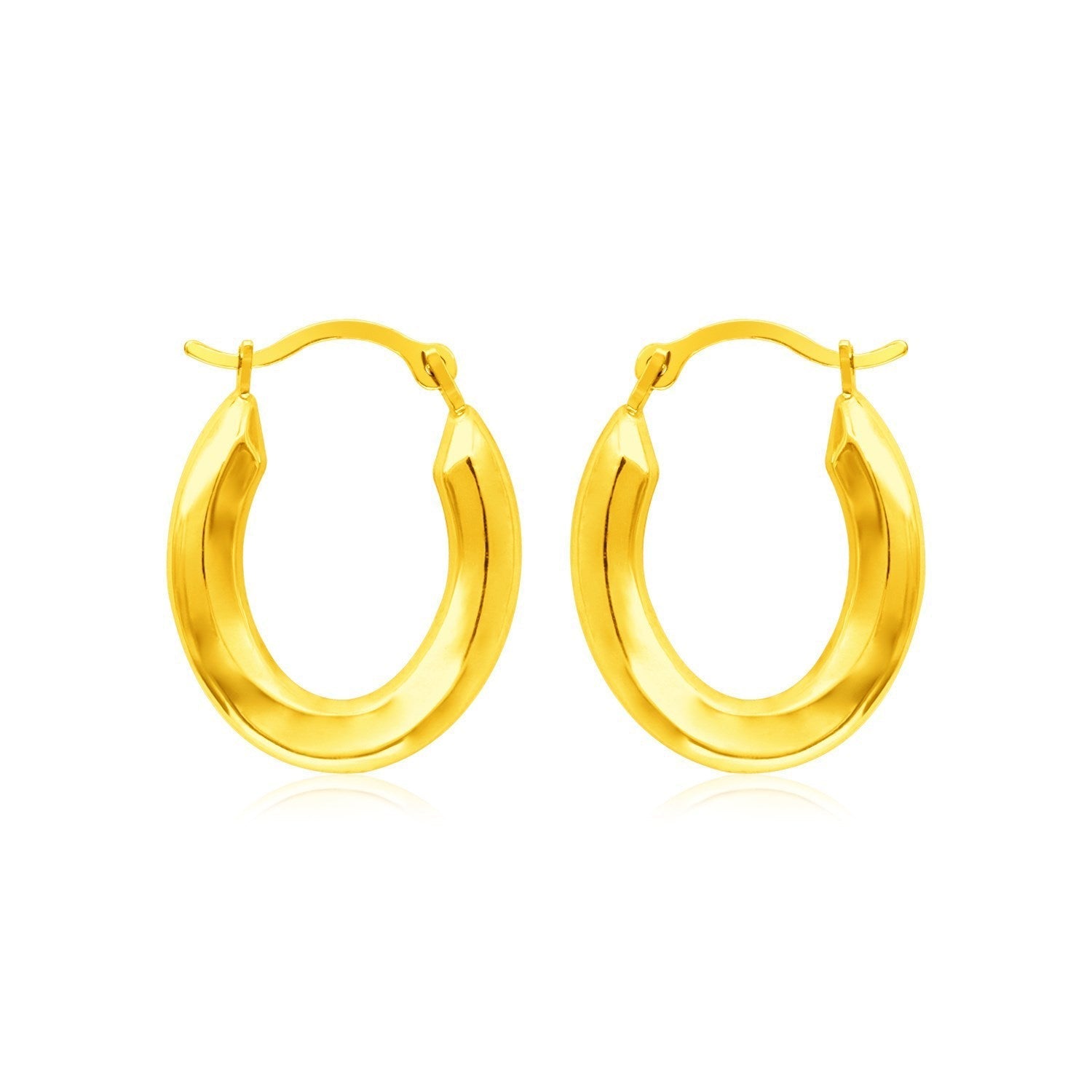 14k yellow gold polished oval hoop earrings with smooth, shiny surface and classic hoop design.