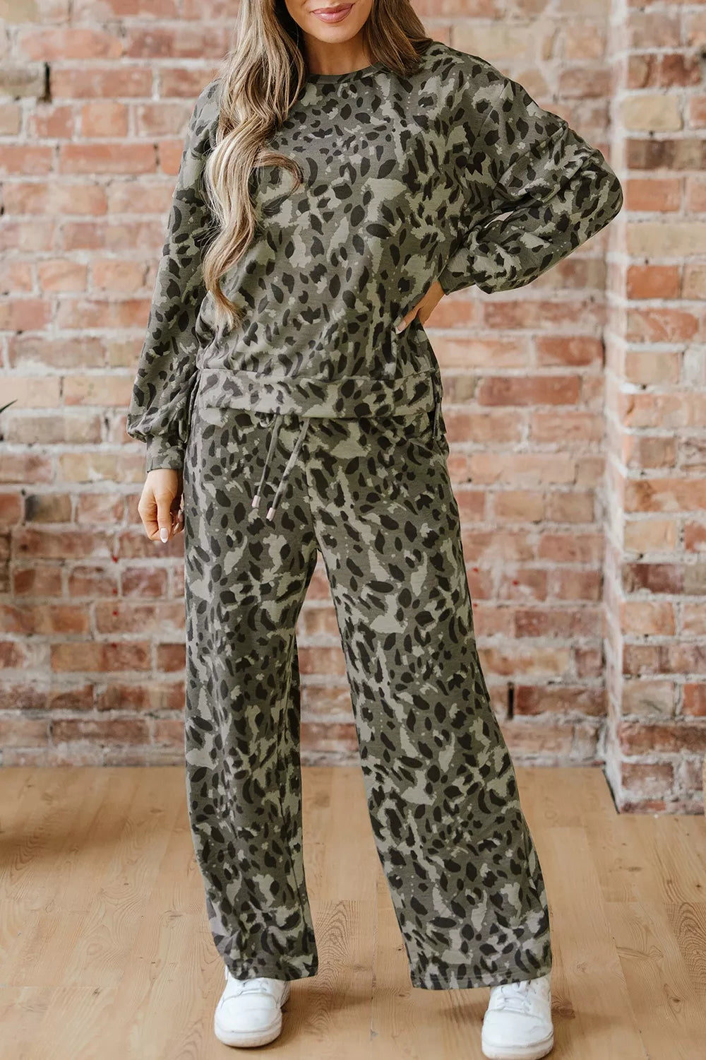 Leopard print long sleeve top and matching pants set by Trendsi, stylish animal print loungewear for women.