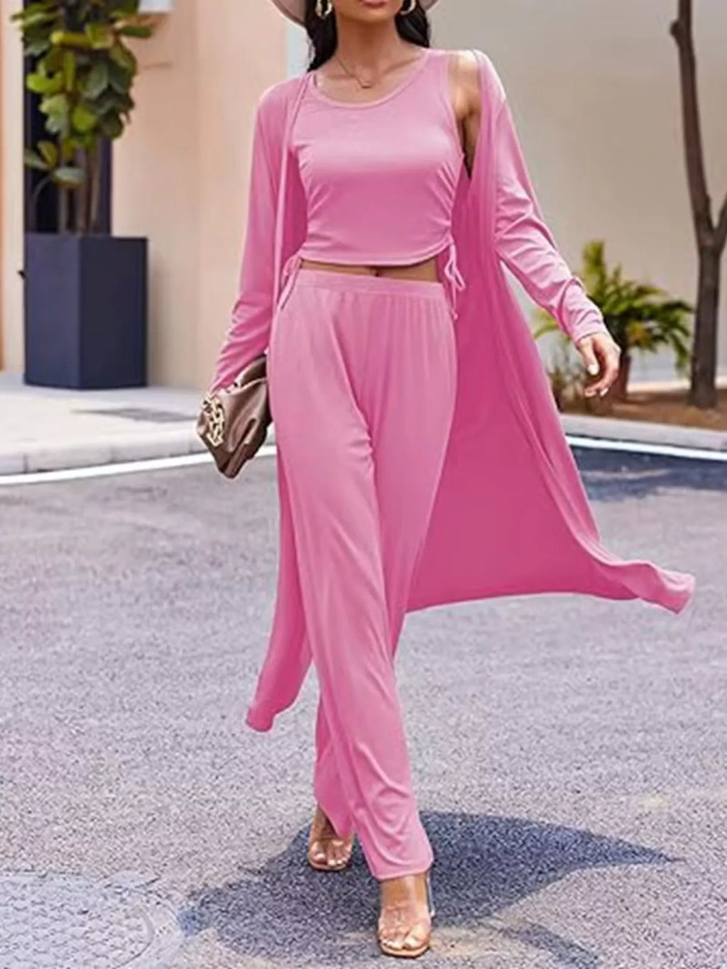 Trendsi loungewear set with round neck tank top, matching cardigan, and pants in soft fabric, casual and comfortable style