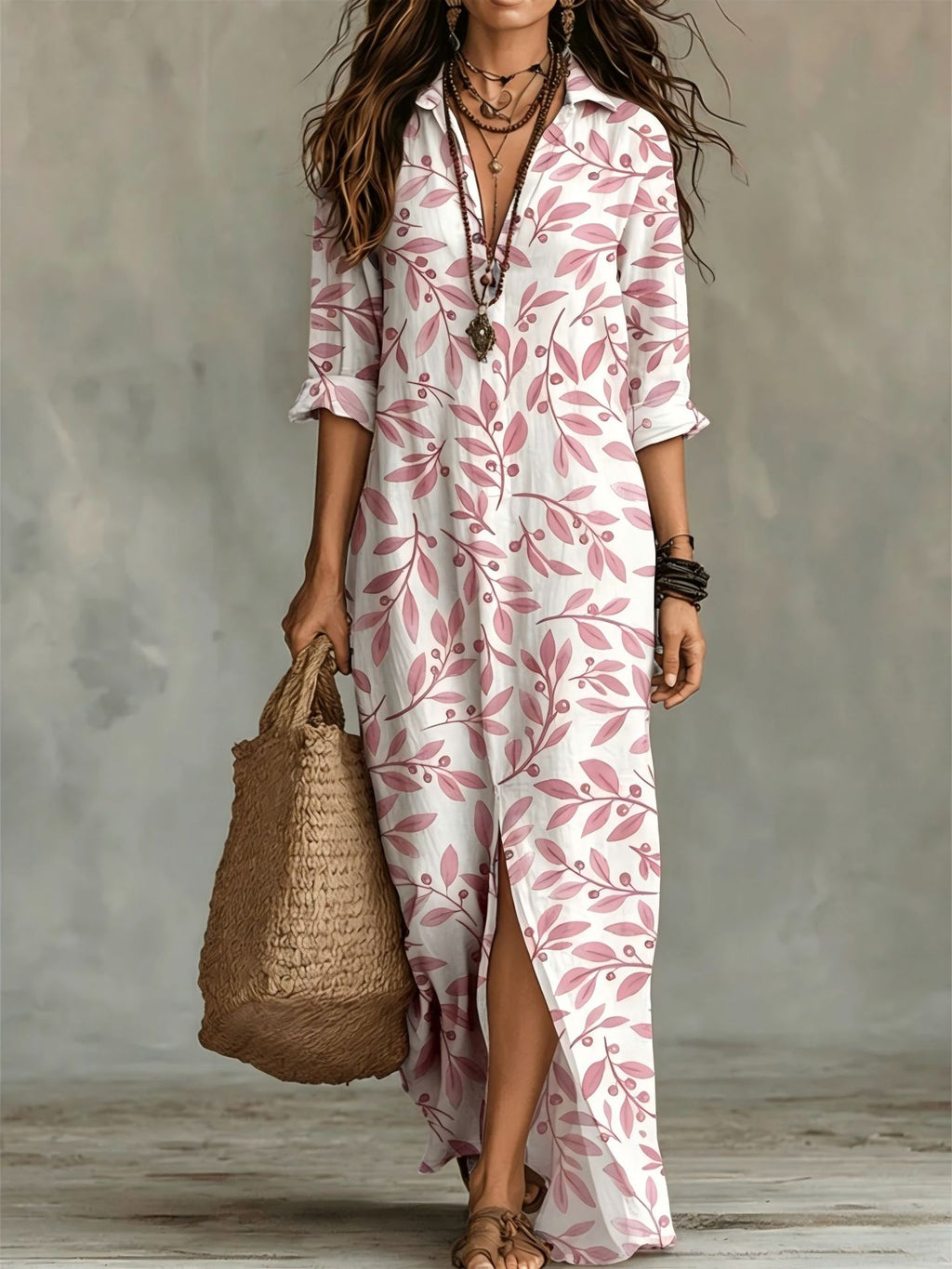 Digital print lapel midi shirt dress by FitiqueFit in multiple colors, featuring long sleeves and a casual, stylish design.