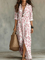 Digital print lapel midi shirt dress by FitiqueFit in multiple colors, featuring long sleeves and a casual, stylish design.
