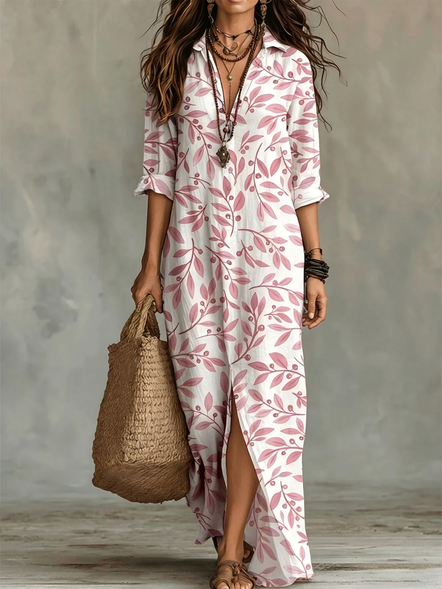 Digital print lapel midi shirt dress by FitiqueFit in multiple colors, featuring long sleeves and a casual, stylish design.
