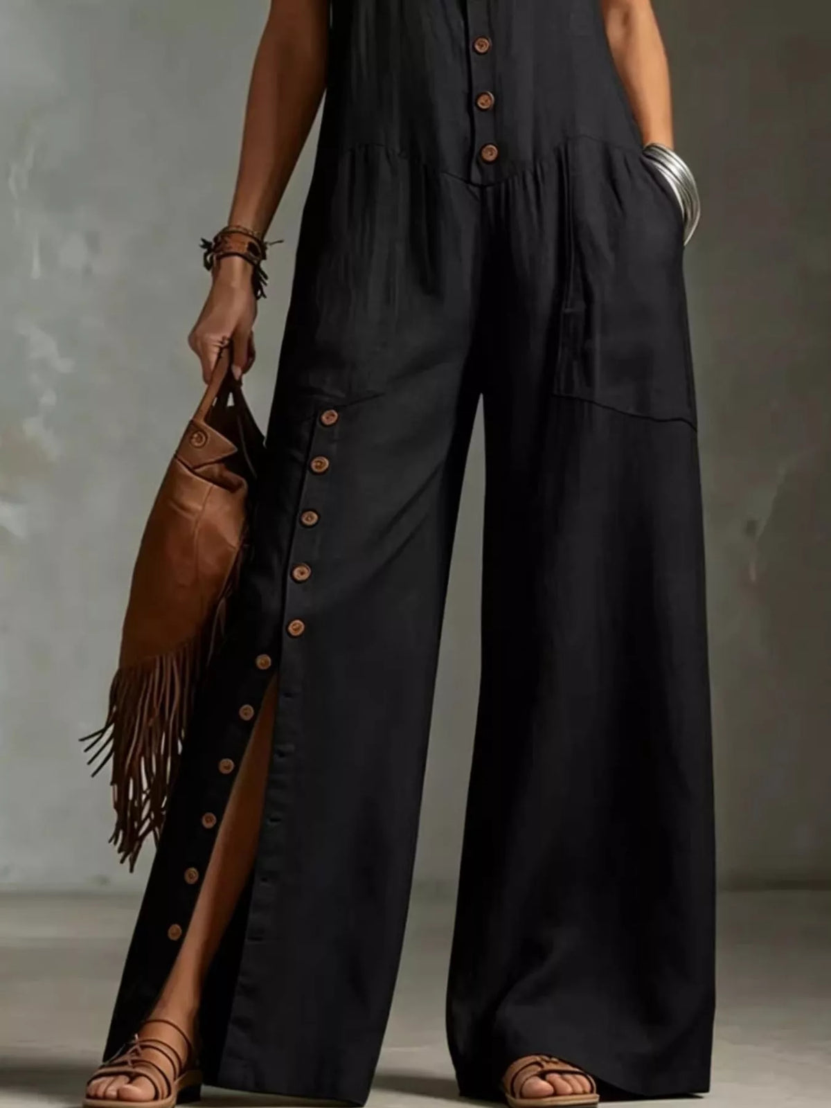 Plus size sleeveless button-front wide leg jumpsuit from Plush Fashion Hub, shown in a full-length view with a relaxed fit.