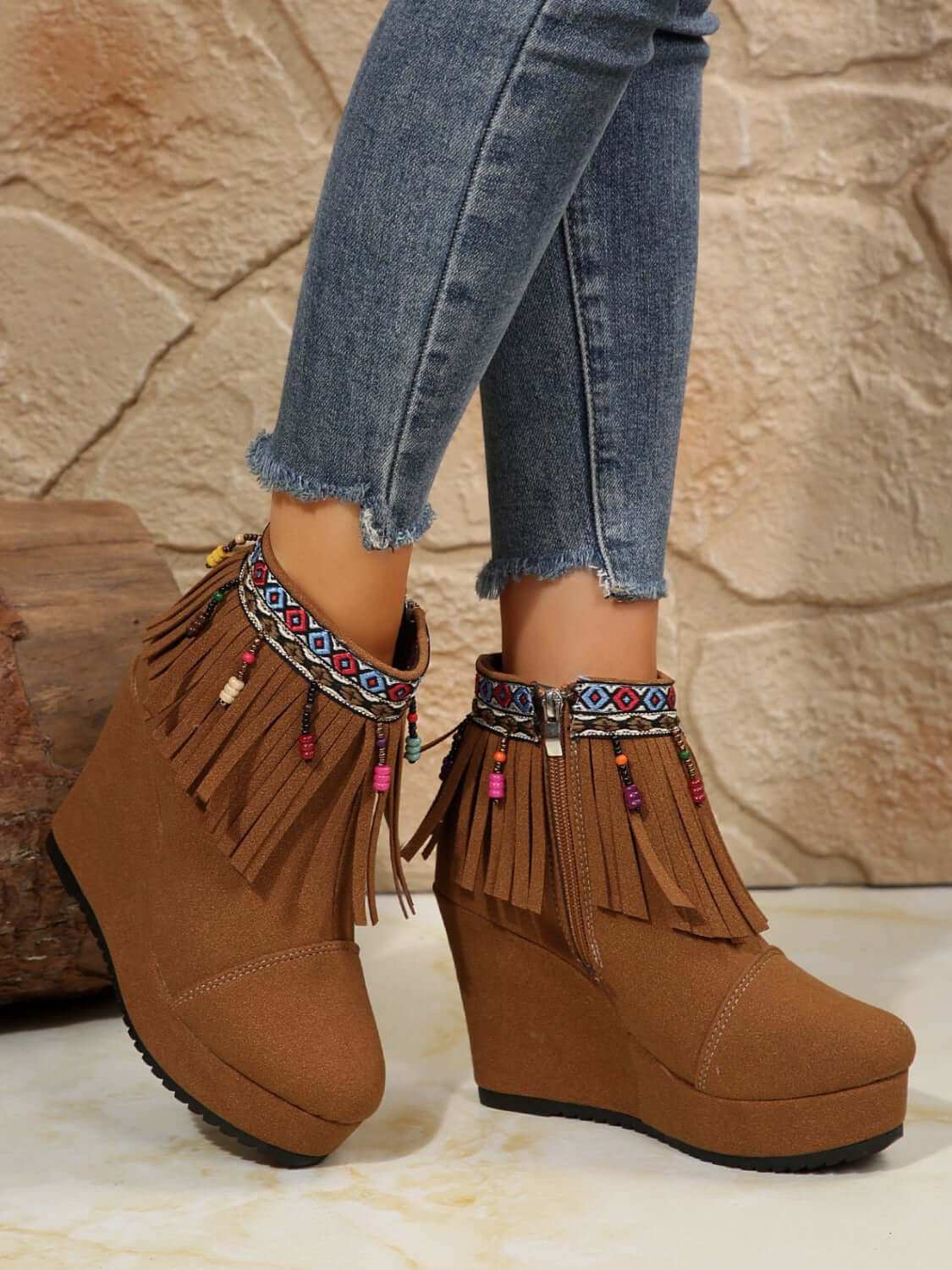 Fringe Suede Wedge Boots with colorful accents and high wedge heel.