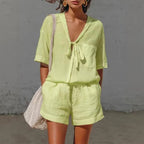 Women's lace-up short-sleeve shirt and loose shorts set from Plush Fashion Hub, casual summer co-ord, stylish and comfortable.