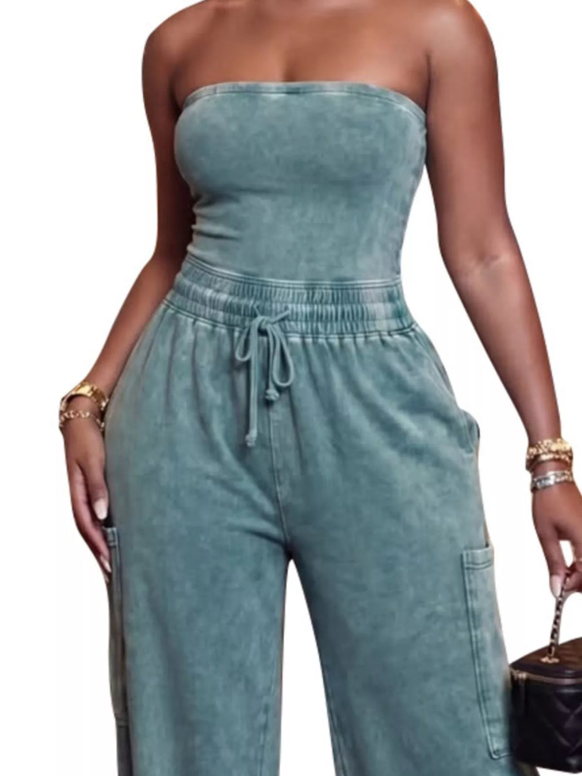 Strapless wide-leg jumpsuit with drawstring waist from Trendsi, featuring a relaxed fit and stylish design in the image.