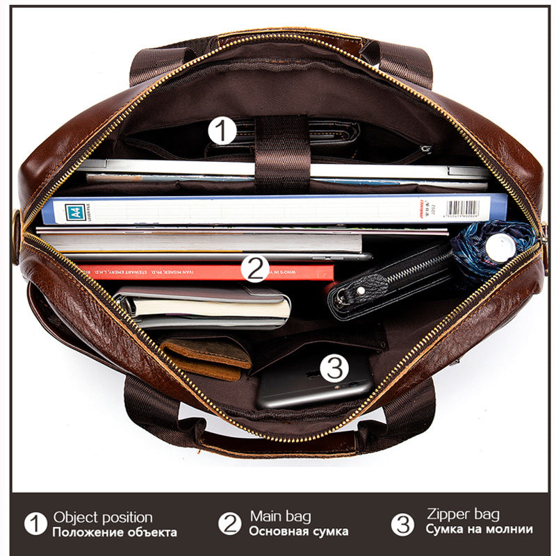 Pi-Mart leather retro casual briefcase, light business-style leather briefcase with vintage design and sturdy handles.