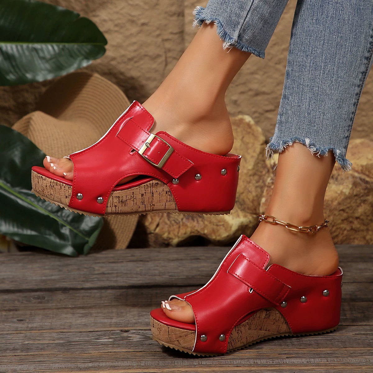 Women’s open toe PU leather wedge sandals with high heels, comfortable and stylish shoes by Plush Fashion Hub.
