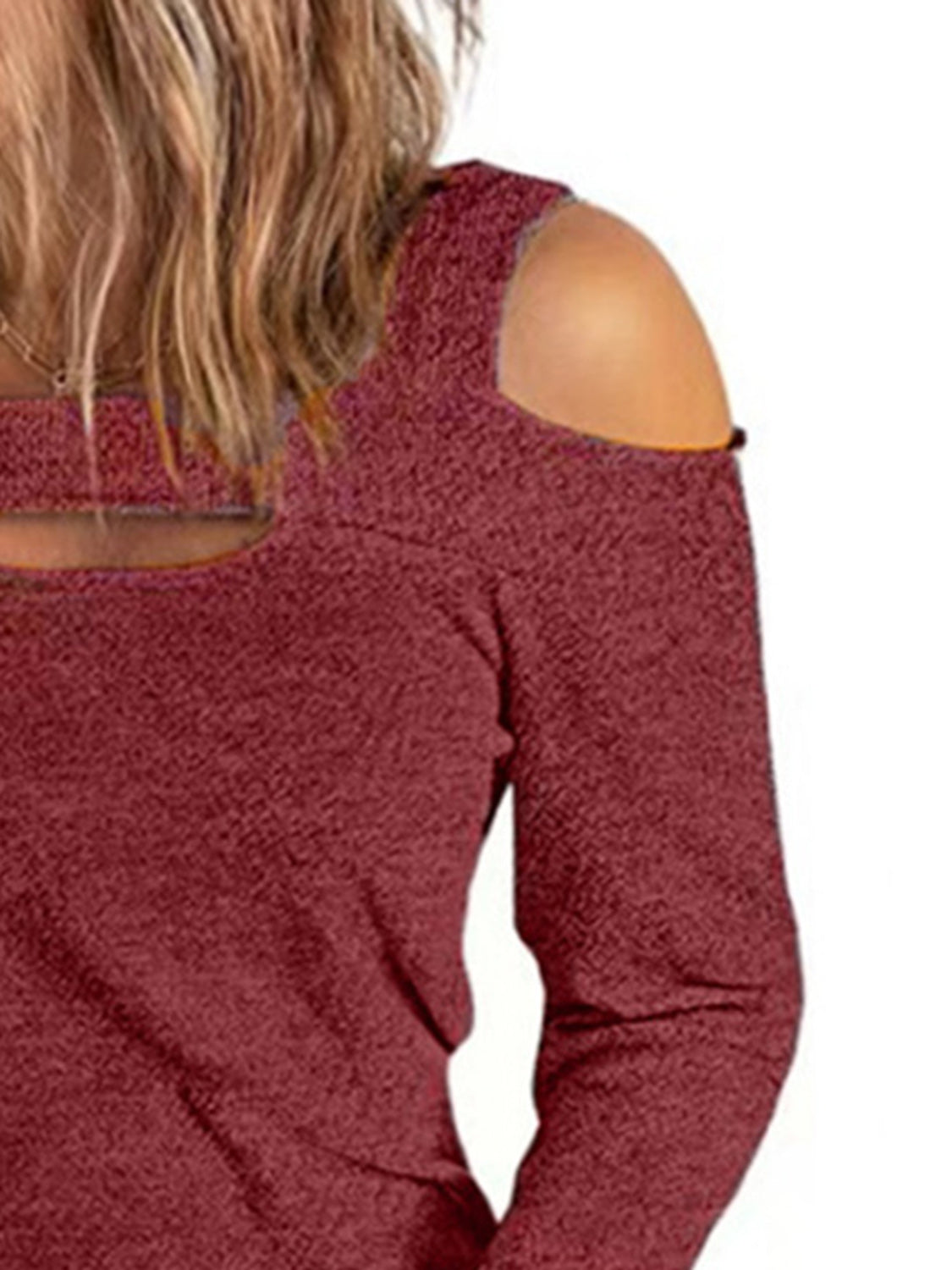 Elegant women's cold shoulder polyester blouse by Plush Fashion Hub, featuring cutout details and a stylish, feminine design.