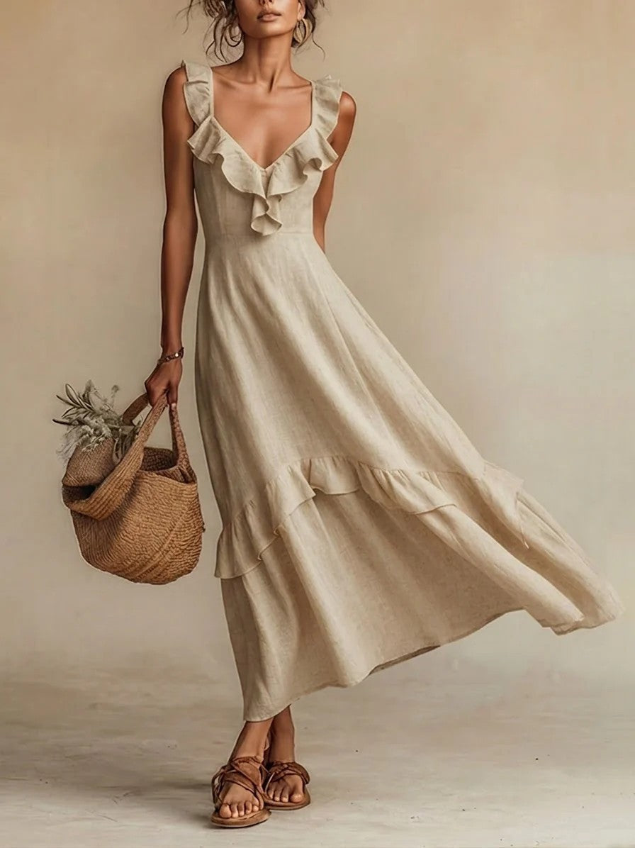 FitiqueFit sleeveless ruffle high-waist maxi dress in various colors, casualwear with a flowy design and ruffle details, available in sizes S–3XL.
